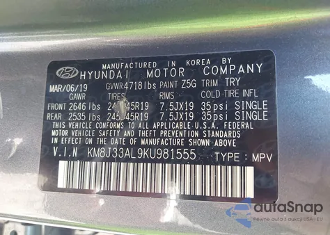 2019 Hyundai Tucson Night z USA, uszkodzony, nr VIN KM8J33AL9KU981555